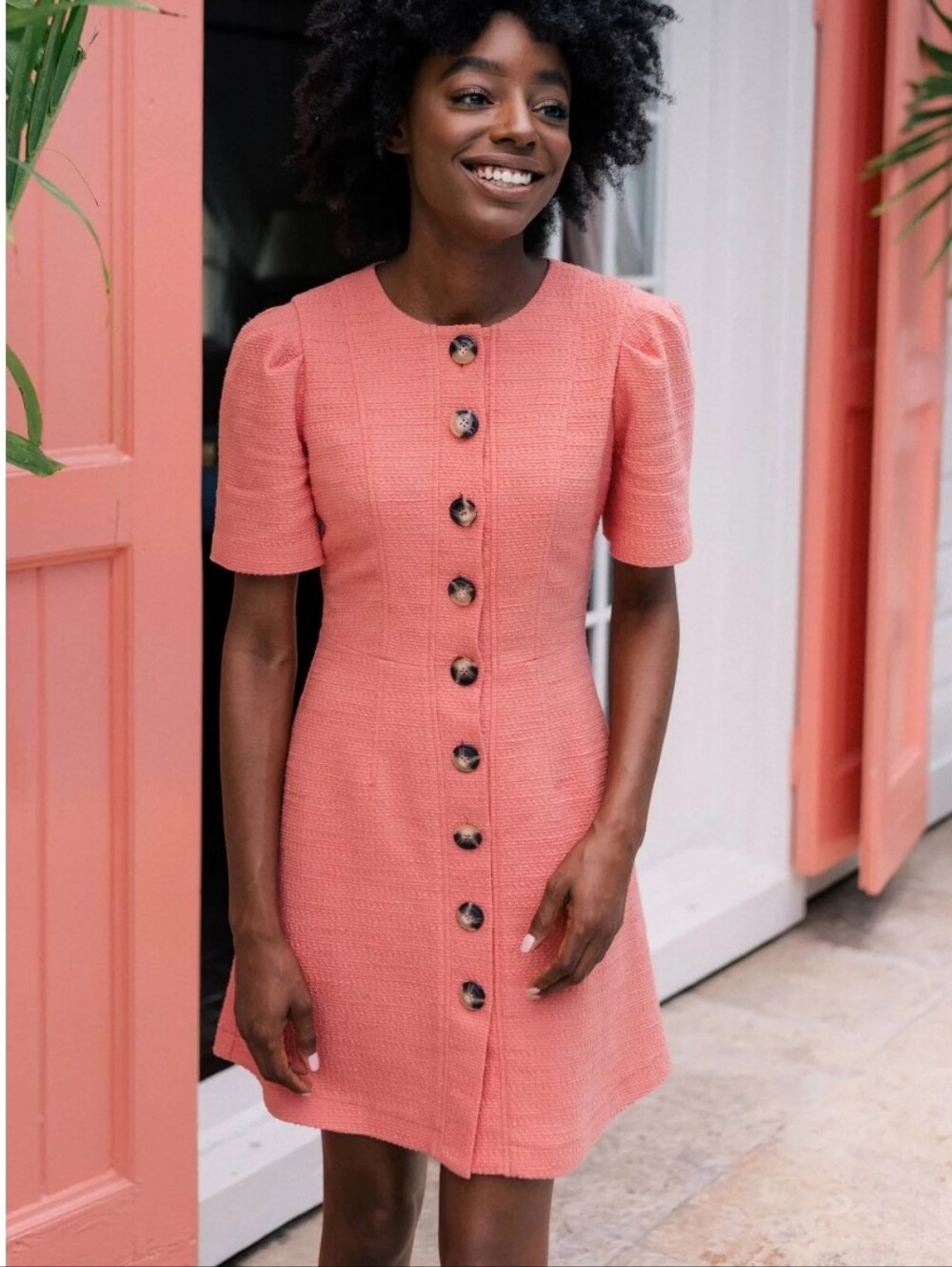 Gal Meets Glam Kathleen Coral Boucle Textured Button-Front A-line Dress Sz 8 - Picture 2 of 14
